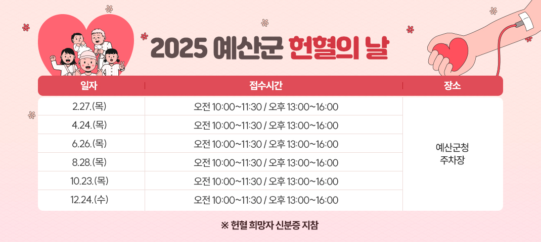 2025 예산군 헌혈의 날 
일 자	접수시간	장 소
2.27.(목)	오전 10:00~11:30 / 오후 13:00~16:00	예산군청 주차장
4.24.(목)	오전 10:00~11:30 / 오후 13:00~16:00
6.26.(목)	오전 10:00~11:30 / 오후 13:00~16:00
8.28.(목)	오전 10:00~11:30 / 오후 13:00~16:00
10.23.(목)	오전 10:00~11:30 / 오후 13:00~16:00
12.24.(수)	오전 10:00~11:30 / 오후 13:00~16:00