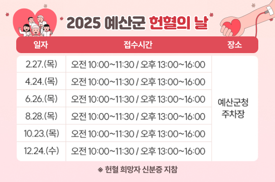 2025 예산군 헌혈의 날 
일 자	접수시간	장 소
2.27.(목)	오전 10:00~11:30 / 오후 13:00~16:00	예산군청 주차장
4.24.(목)	오전 10:00~11:30 / 오후 13:00~16:00
6.26.(목)	오전 10:00~11:30 / 오후 13:00~16:00
8.28.(목)	오전 10:00~11:30 / 오후 13:00~16:00
10.23.(목)	오전 10:00~11:30 / 오후 13:00~16:00
12.24.(수)	오전 10:00~11:30 / 오후 13:00~16:00
헌혈 희망자 신분증 지참