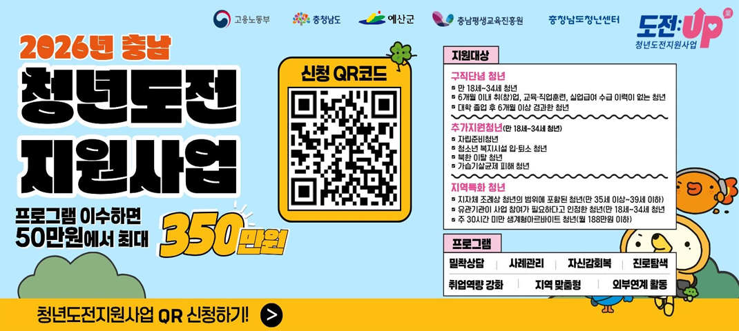 2026년 충남 청년도전 지원사업
프로그램 이수하면 50만원에서 최대 350만원
신청 QR코드
지원대상 : 구직단념 청년 / 만 18세~34세 청년 / 6개월 이내 취·창업, 교육·직업훈련, 실업급여 수급 이력이 없는 청년 / 대학 졸업 후 6개월 이상 경과한 청년
추가지원청년 (만 18세~34세 청년) / 자립준비청년 / 청소년 복지시설 입·퇴소 청년 / 북한 이탈 청년 / 가습기살균제 피해 청년
지역특화 청년 / 지자체 조례상 청년의 범위에 포함된 청년(만 35세 이상~39세 이하) / 유관기관이 사업 참여가 필요하다고 인정한 청년(만 18세~34세 청년)
주 30시간 미만 경제활동브라이트 청년(월 188만원 이하)
프로그램  밀착상담 | 사례관리 | 자신감 회복 | 진로탐색 / 취업역량 강화 | 지역 맞춤형 | 외부연계 활동